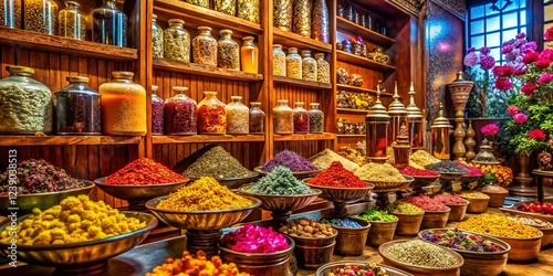 Fototapeta Naklejka Na Ścianę i Meble -  Luxurious Arabian Perfume Shop: Warm Colors, Spices, Flowers, Wooden Shelves