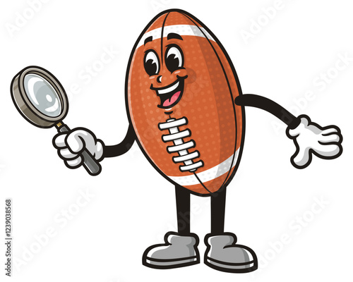 Cartoon mascot character of American Football with  magnifying glass