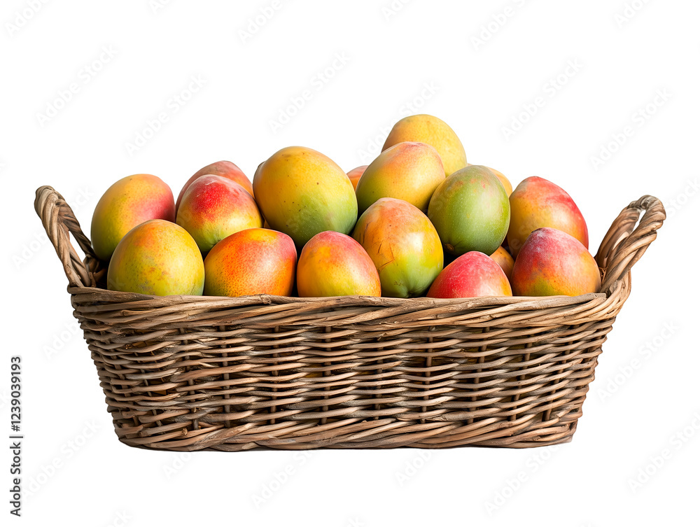 Ripe mangoes in a wicker basket isolated on transparent background, PNG, cut out Ripe mangoes in a wicker basket isolated on transparent background, PNG, cut out