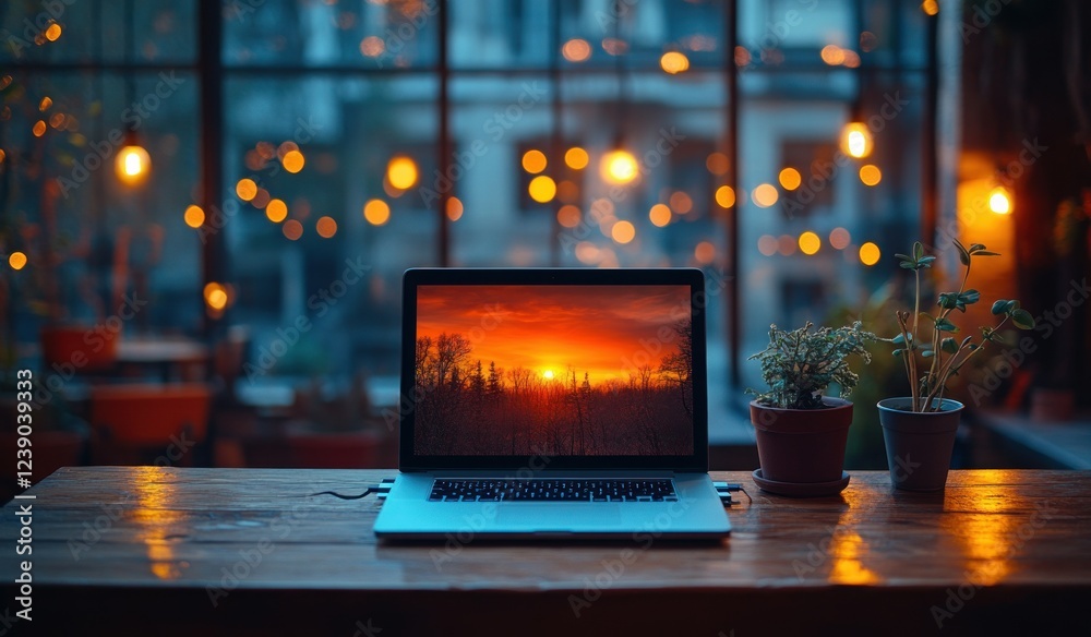 Blank Laptop Screen on Wooden Table in Cozy Café Background with Soft Ambient Lighting Blank Laptop Screen on Wooden Table in Cozy Café Background with Soft Ambient Lighting