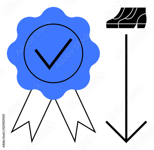 Quality badge with checkmark next to upward arrow and bar graph. Ideal for business growth, quality assurance, certification, success, achievement, progress, professional standards. Abstract line