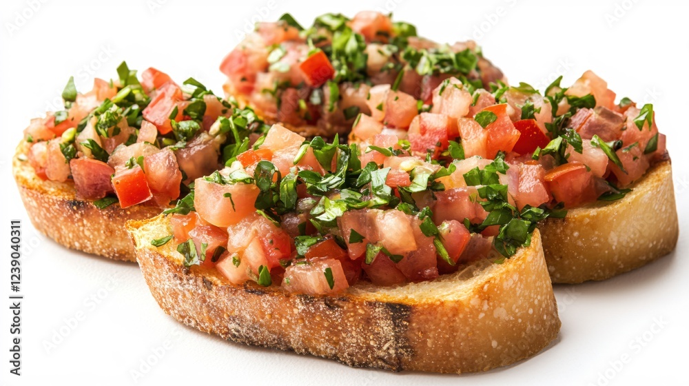 Three slices of toasted bread topped with fresh tomato and herb mixture on white background Three slices of toasted bread topped with fresh tomato and herb mixture on white background
