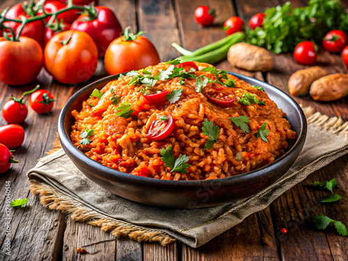 Delicious Jollof Rice, Spicy Tomato Rice. Tasty Food background