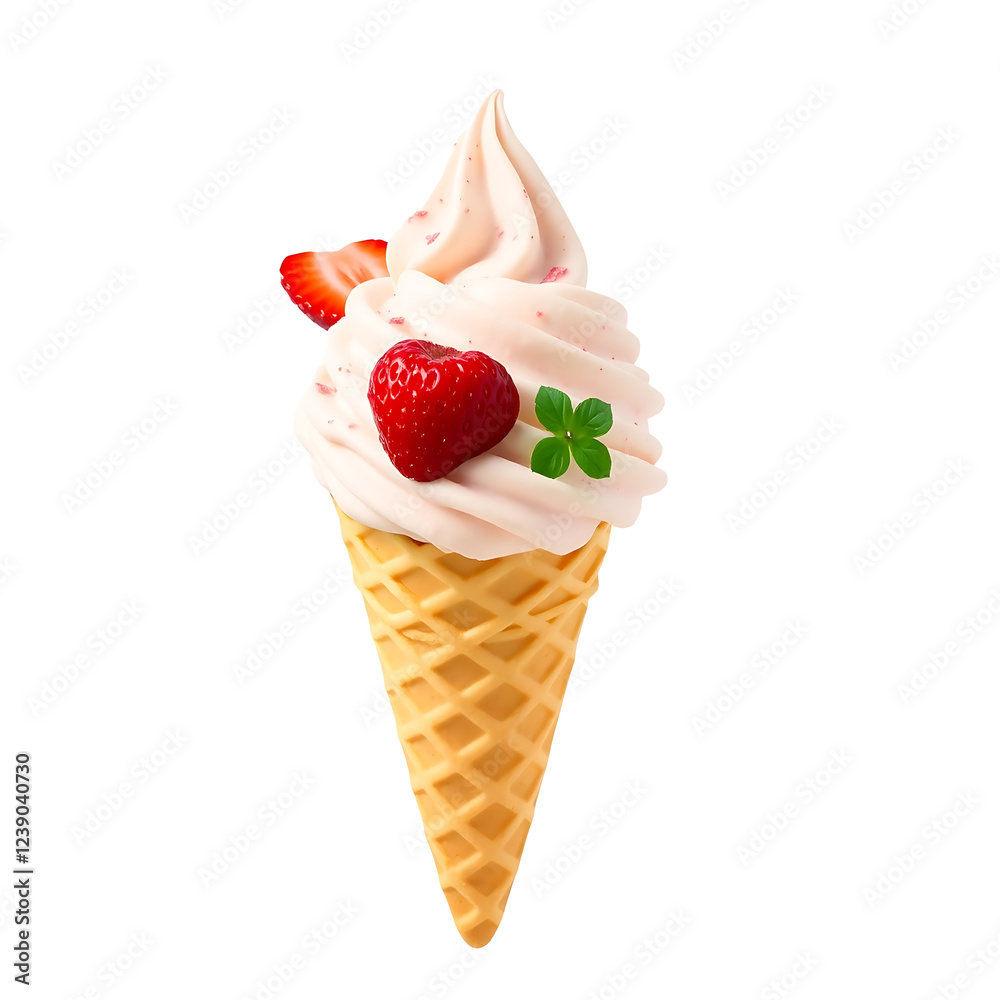 Enticing Soft Serve Ice Cream with Swirl of Pink and White in Waffle Cone Enticing Soft Serve Ice Cream with Swirl of Pink and White in Waffle Cone