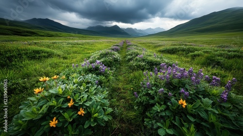 A mesmerizing pathway meanders through a lush green field adorned with colorful wildflowers, inviting exploration and emphasizing the exquisite beauty of nature's palette.