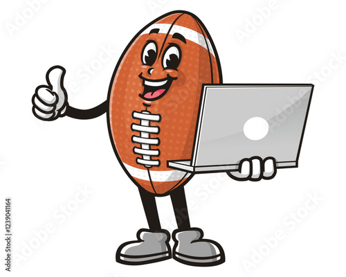 Cartoon mascot character of American Football with Laptop