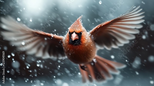 A beautiful cardinal bird takes flight against a backdrop of falling snow, showcasing its vibrant red plumage and energetic spirit, embodying a delicate balance of nature’s beauty. photo