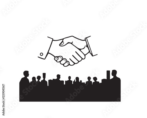 Black and white line art illustration depicting a deal icon, handshake line art, and silhouette icons. Illustration Vector