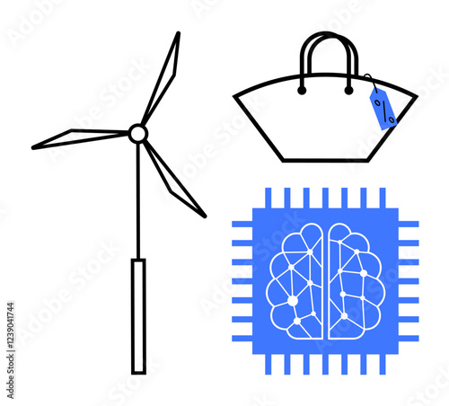 Wind turbine, shopping bag with a tag, and a brain-shaped microchip outline. Ideal for sustainability, eco-friendly technology, future innovation, renewable energy, digital commerce, artificial