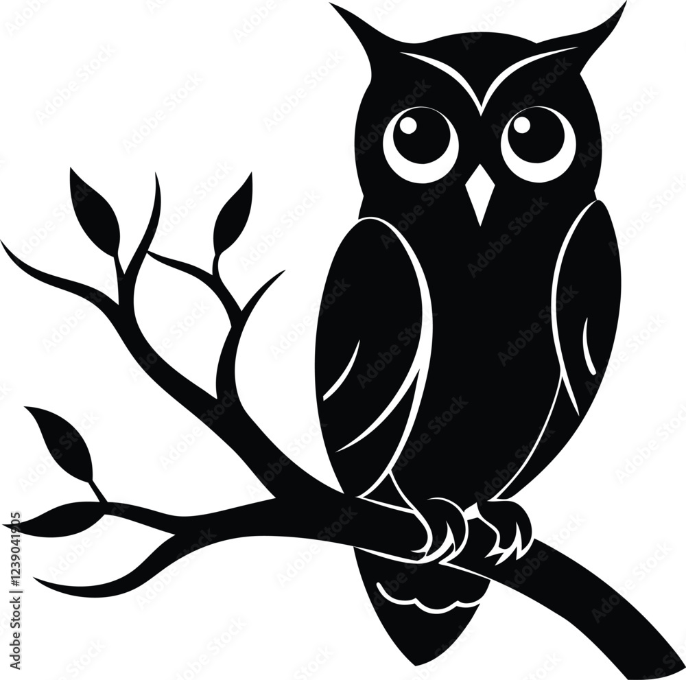 Fototapeta premium Owl silhouette illustration in isolated white background. owl silhouette icon. Black and white vector image of a owl