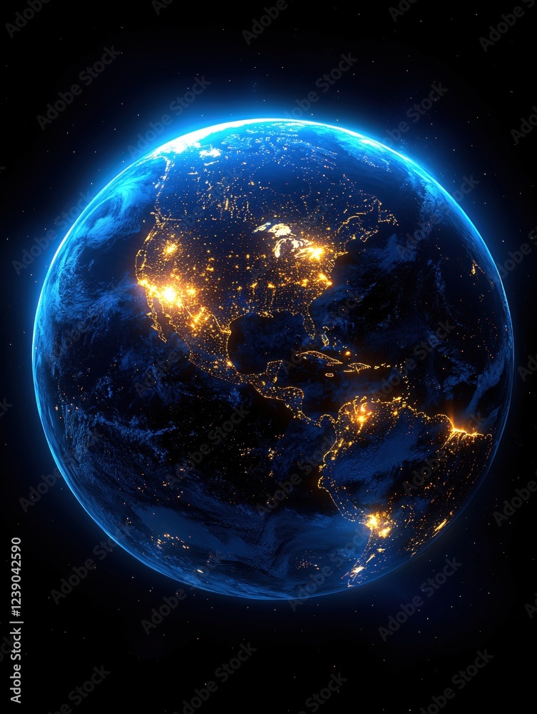 Obraz premium Earth view from space at night showing city lights and a blue atmospheric glow