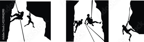 Descending on rope,Rock climbers silhouette collection vector,Hill conquers with equipments try to reach on top