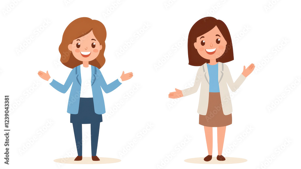 Two smiling businesswomen with open arms wearing professional outfits Two smiling businesswomen with open arms wearing professional outfits