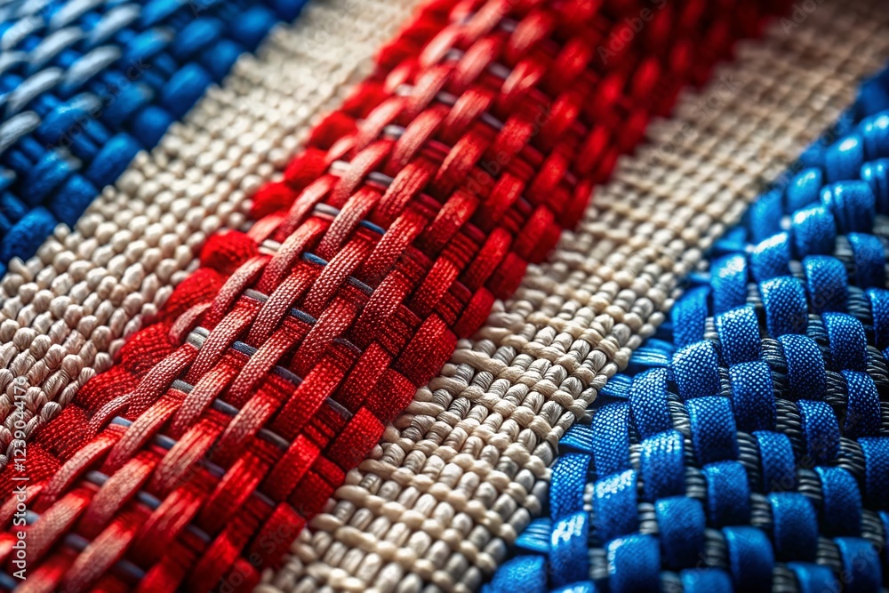 Fototapeta premium Macro Close-up of Fabric Texture: Red, White, and Blue Banner Flag Background