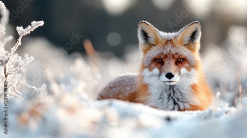 This captivating image presents a graceful fox resting in a snowy field, showcasing its striking features and the serene beauty of a winter landscape.