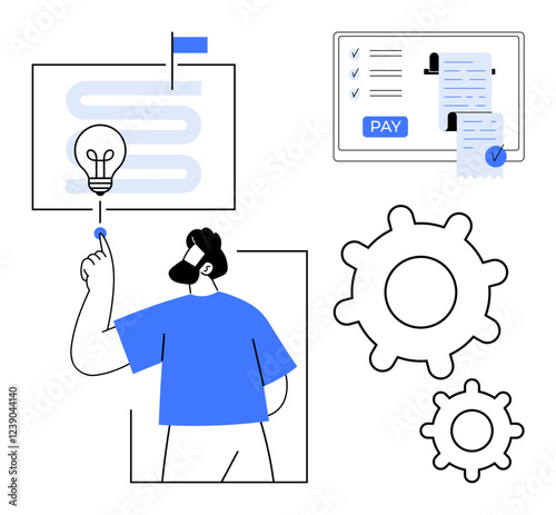 Man interacting with idea button, letter, document files, and payment screen. Ideal for innovation, business strategy, workflow, process optimization, financial transactions technology integration