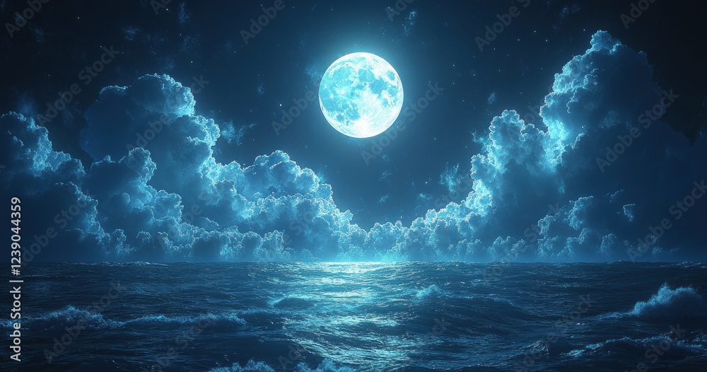 Dramatic Ocean Night Sky with Moonlight and Thunderstorm Clouds in a Panoramic View Dramatic Ocean Night Sky with Moonlight and Thunderstorm Clouds in a Panoramic View
