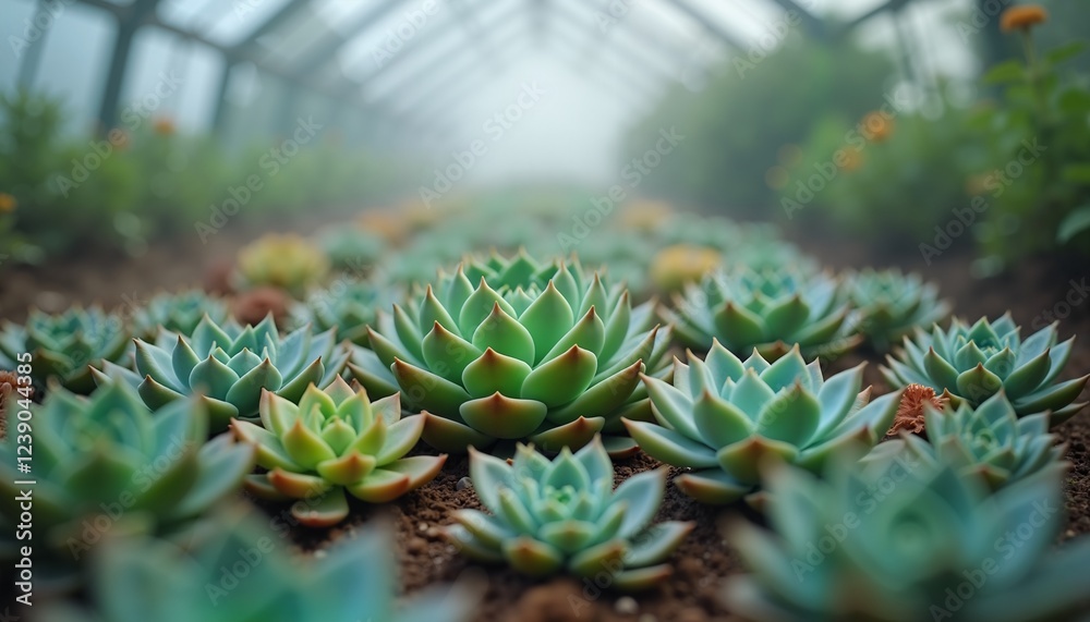 Obraz premium Succulent Plants in Misty Greenhouse, Tranquil Nature, Perfect for Garden Blogs