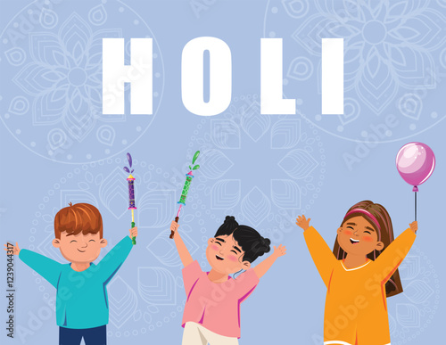 Joyful Holi festival banner with children celebrating, throwing colors, and playing with water balloons