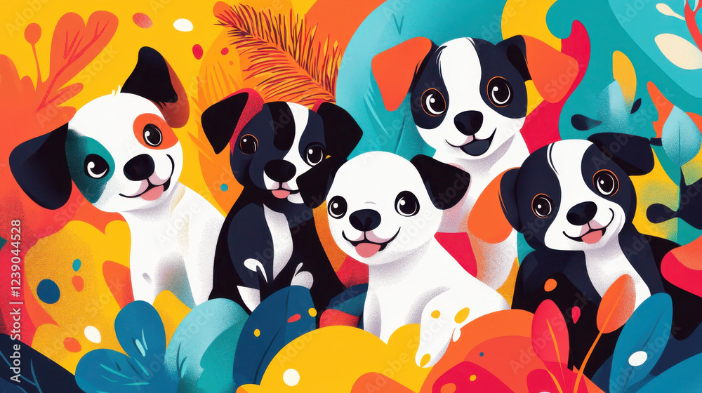 Fototapeta premium Several puppies are gathered together, looking cute