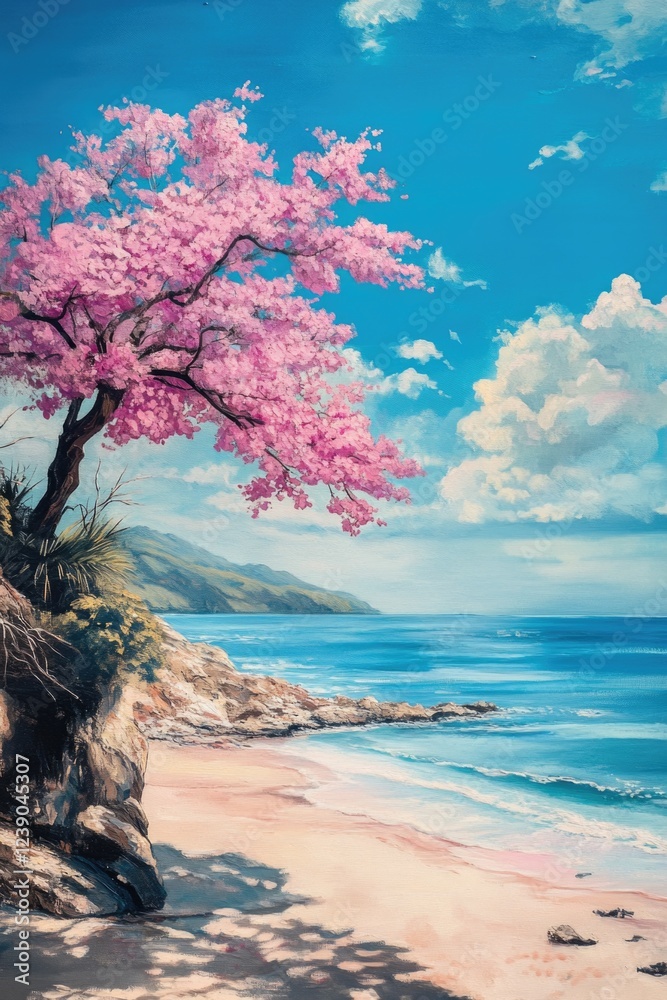 Obraz premium Beach Scene with Pink Tree