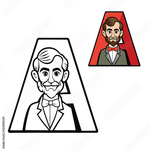 A coloring page featuring the letter "A" intertwined with an iconic image of Abraham Lincoln, combining the shape of the letter with details of Lincoln's profile and features.