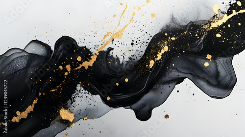 Hand-drawn ink splatters in charcoal black and gold leaf accents