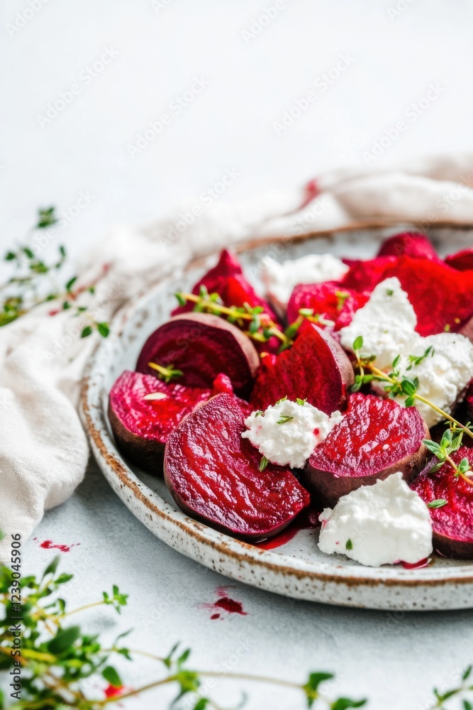 Roasted beetroot wedges with goat cheese and thyme on rustic ceramic plate Roasted beetroot wedges with goat cheese and thyme on rustic ceramic plate