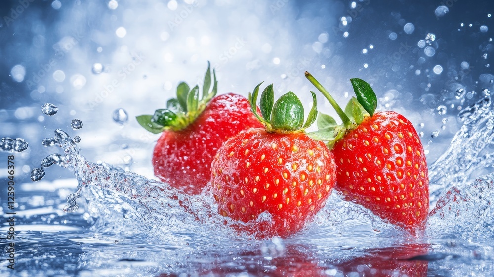 Fresh Strawberries Splashing in Water - Three juicy strawberries splashing into a pool of water, creating a vibrant and refreshing image. Perfect for food, drink, and healthy lifestyle themes. Fresh Strawberries Splashing in Water - Three juicy strawberries splashing into a pool of water, creating a vibrant and refreshing image. Perfect for food, drink, and healthy lifestyle themes.