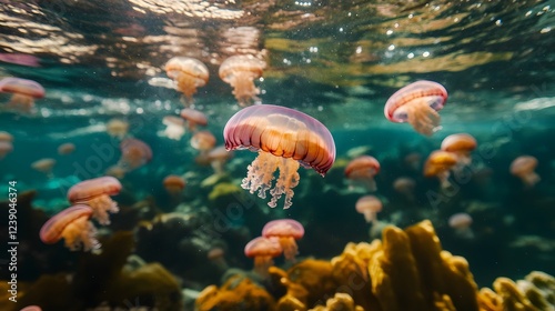 Colorful coral reef scene, vibrant marine life swimming amidst corals, underwater ecosystem highlighting biodiversity. photo