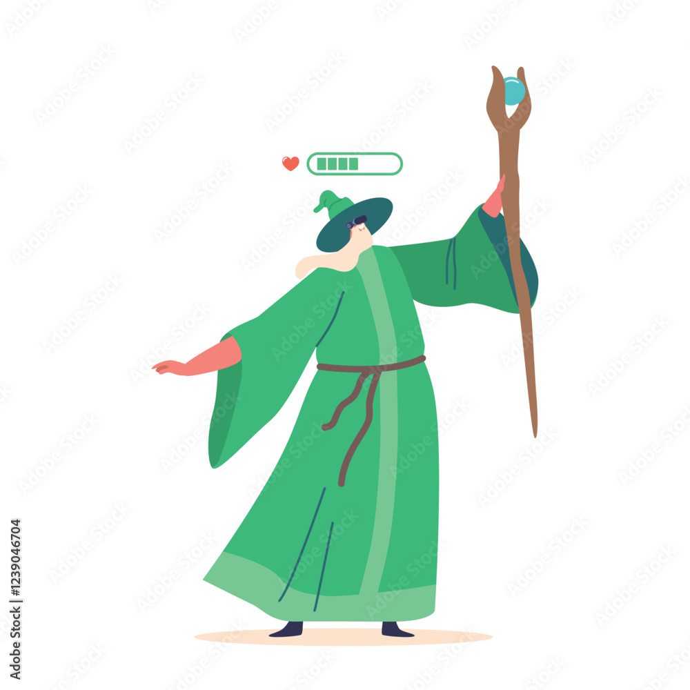 Wizard In Virtual Reality Massively Multiplayer Online Role-playing Game. Isolated Sorcerer Wear Green Robe And Hat Wizard In Virtual Reality Massively Multiplayer Online Role-playing Game. Isolated Sorcerer Wear Green Robe And Hat