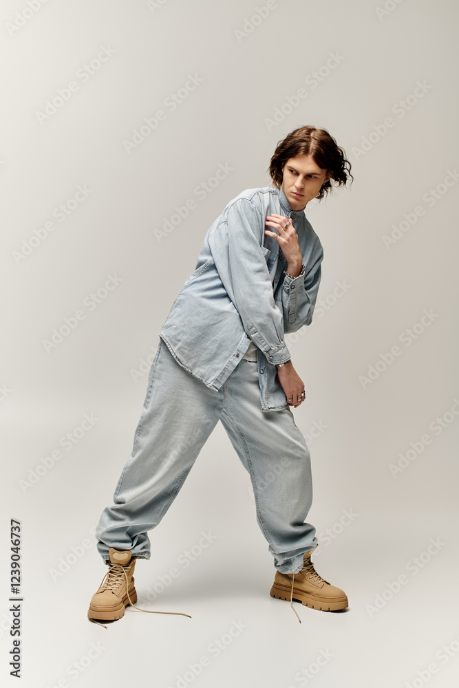 Fototapeta premium Confident young man showcases his fashion sense with a trendy denim ensemble and unique stance