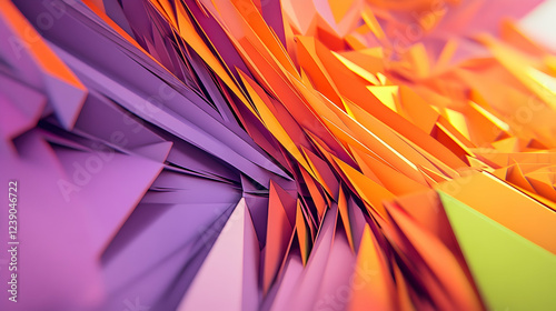 Sharp, angular 3D lines in orange, purple, and lime green intersect dynamically, forming a vibrant geometric design
