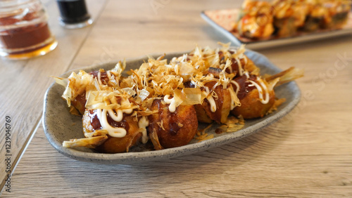 Japanese Takoyaki food in top of wood table japanese food  photo