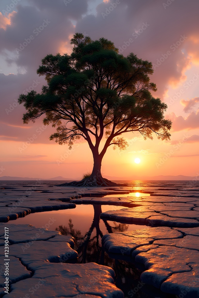 Lonely tree at sunset reflecting in water on cracked earth Lonely tree at sunset reflecting in water on cracked earth