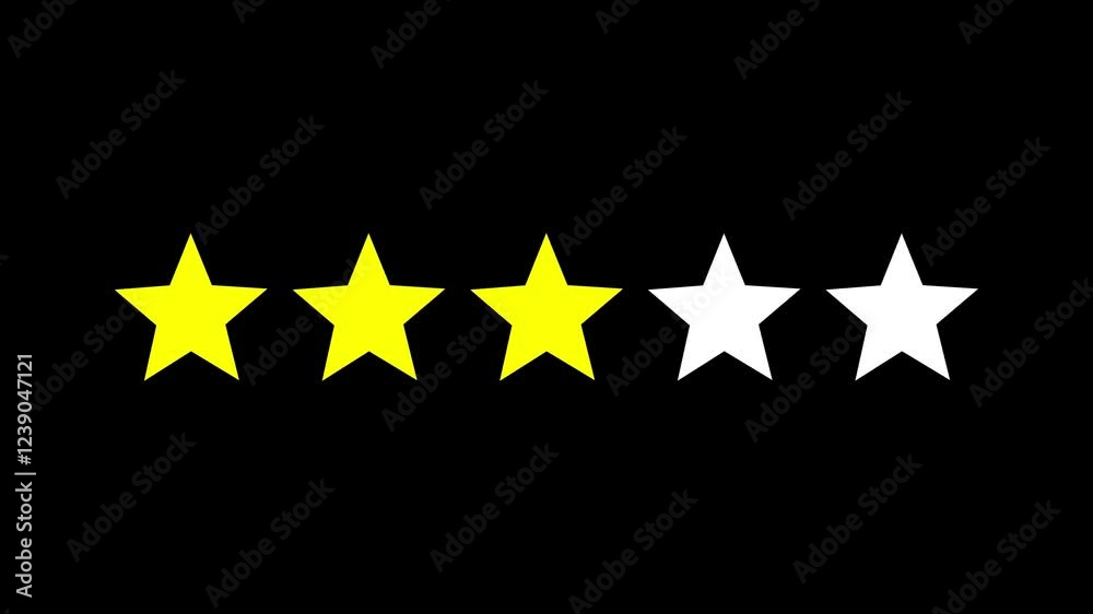 Three star rating animation on black background. Product Quality, Feedback, Customer review, ratings, star rating animation. 4k ratings video. 