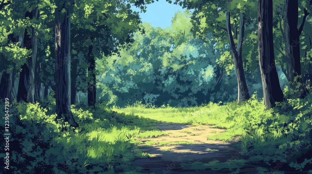 Obraz premium Sunlit Path Through Lush Green Summer Forest