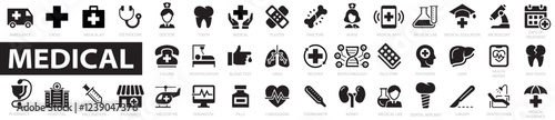 Medical icon collection. Medicine and Health icon set. Doctor, medicine, hospital, treatment, healthcare, pills, clinic, dentistry, pharmacy, lab, scientific, blood test and more. Vector illustration
