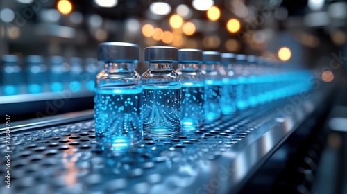 Photorealistic Scene of Glass Vials on Conveyor Belt in Pharmaceutical Industry Vaccine Production