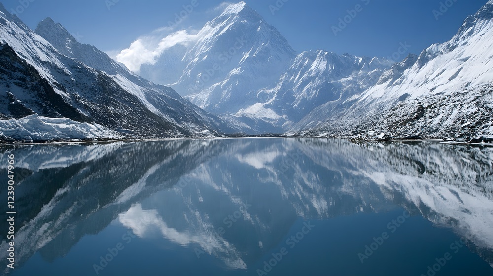 Serene mountain landscape reflecting in calm lake, vast snow-capped peaks under clear blue sky, perfect for nature themes. Serene mountain landscape reflecting in calm lake, vast snow-capped peaks under clear blue sky, perfect for nature themes.
