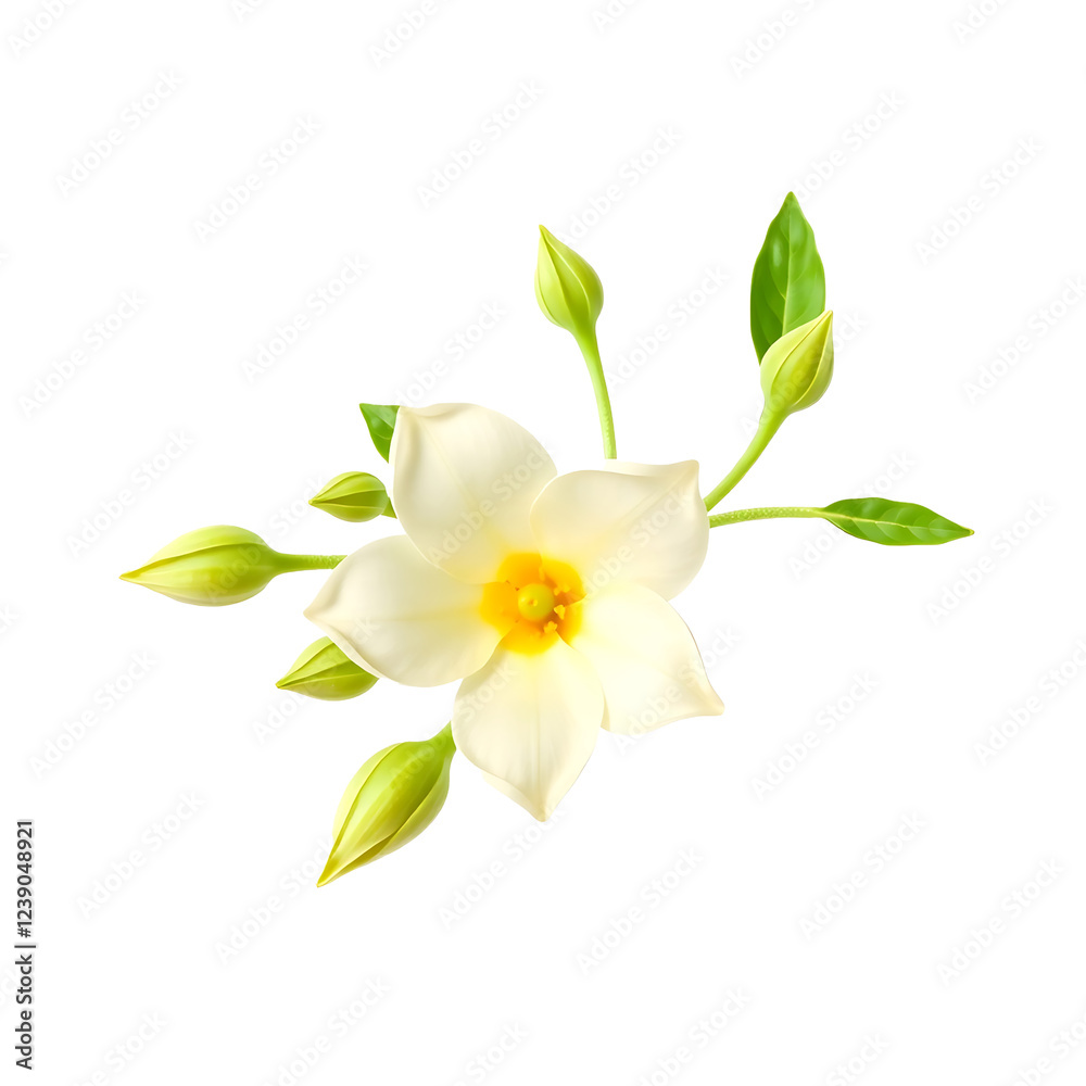 Obraz premium Delicate Plumeria Flower with White Petals and Yellow Center
