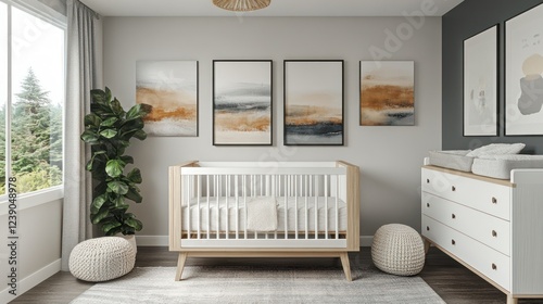 Modern nursery room design, crib, changing table, forest view