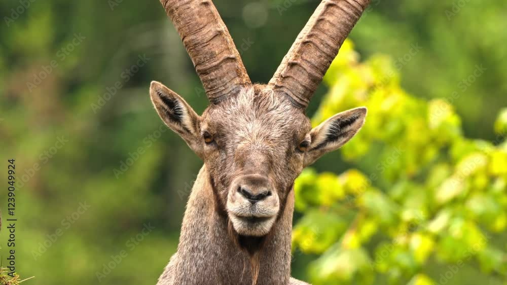 Majestic Alpine Ibex Close-Up Portrait, Powerful Horns, Green Background