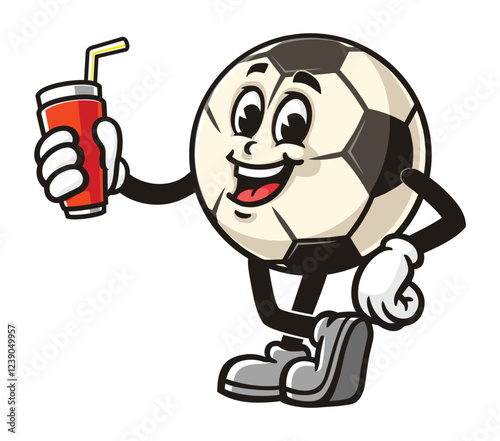 Cartoon mascot character of Football or Soccer ball holding soft drink