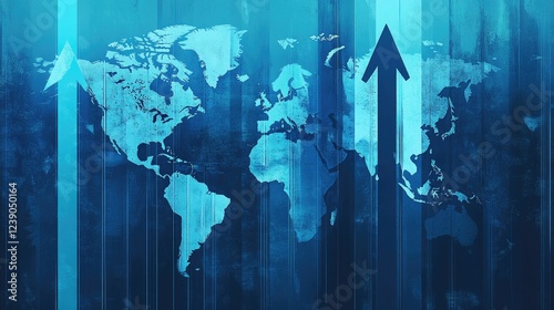 Fototapeta Naklejka Na Ścianę i Meble -  Abstract design of blue arrows pointing upward with a striped world map in the background, symbolizing global progress and growth.