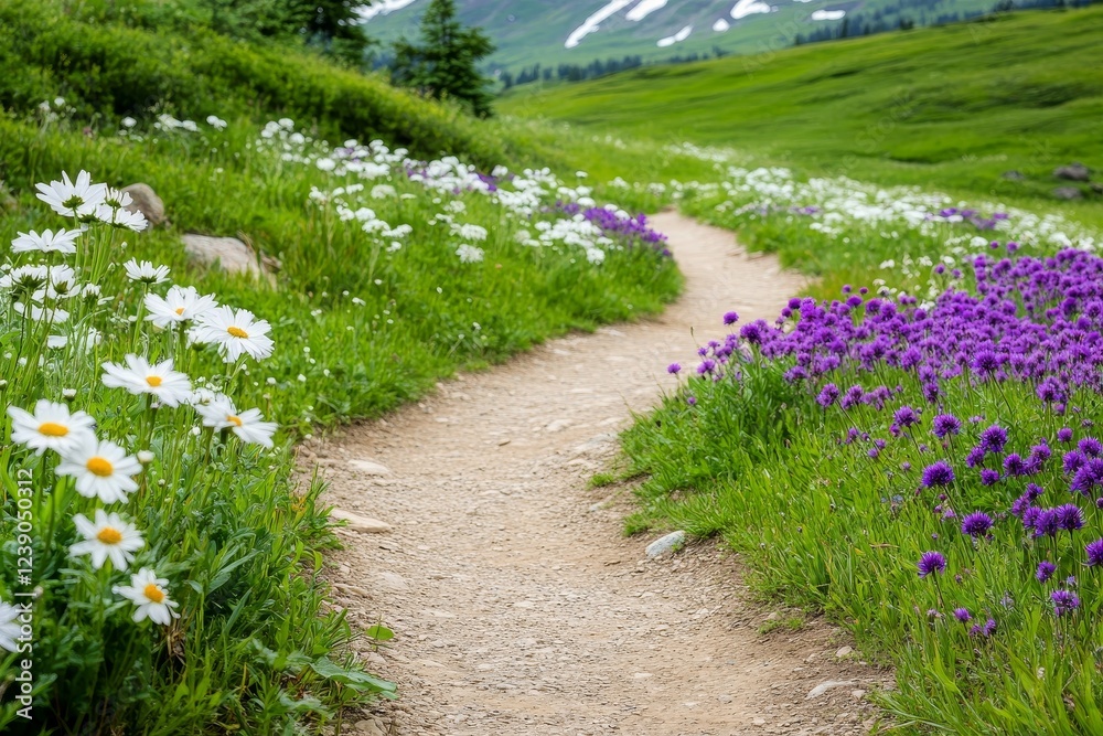Obraz premium Mountain Wildflower Trail - A winding path through a vibrant meadow filled with white daisies and purple wildflowers, with mountains in the background.