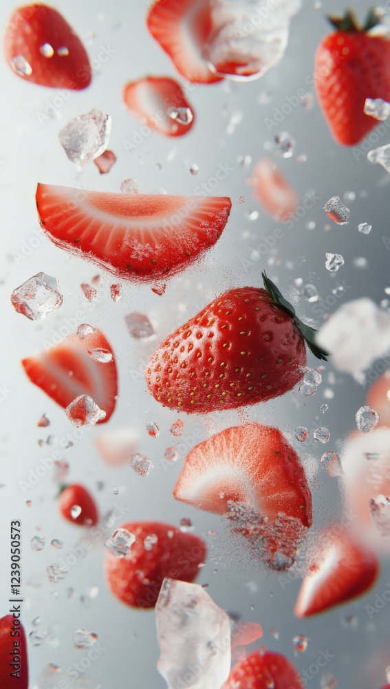 Strawberries are joyfully falling in the air against a white background Strawberries are joyfully falling in the air against a white background