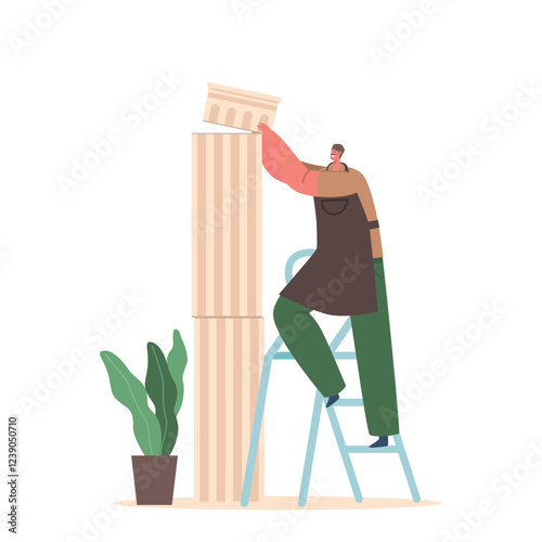 Sculptor Male Character Set Up Marble Block Into Whole Pillar Standing On Ladder. Man Create Stone Column