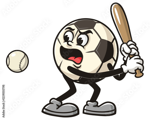 Cartoon mascot character of Football or Soccer ball playing baseball