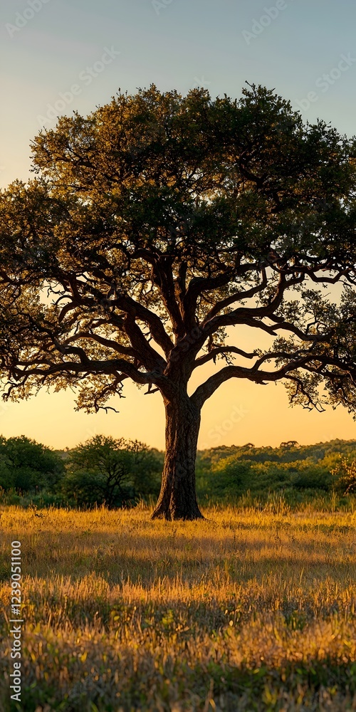 Fototapeta premium A majestic oak tree stands proudly in a golden field during sunset, casting long shadows and evoking a sense of peace and tranquility in nature.
